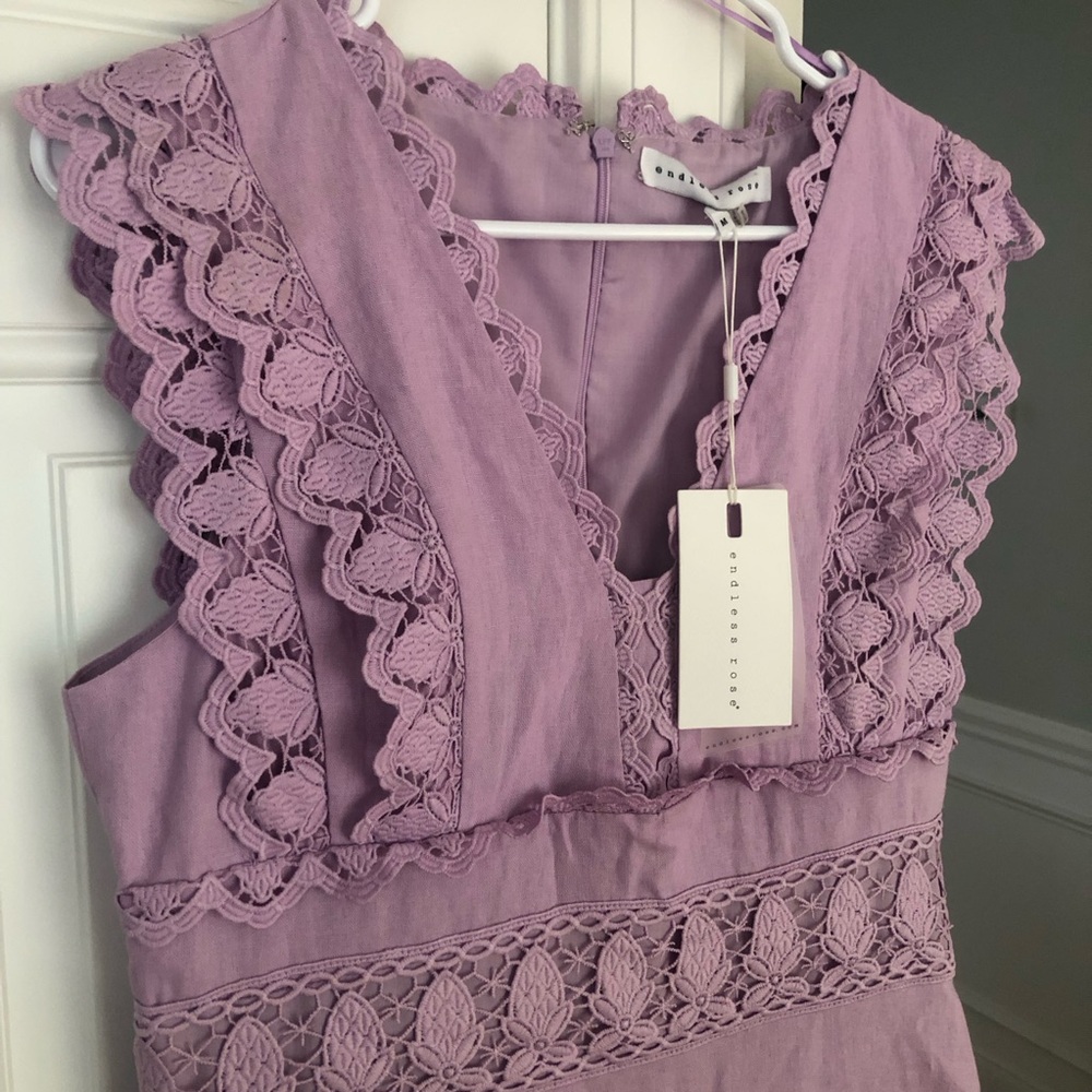 New w Tag: Endless Rose Cotton Linen Lavender Dress with Lace. Size Medium - Picture 5 of 10